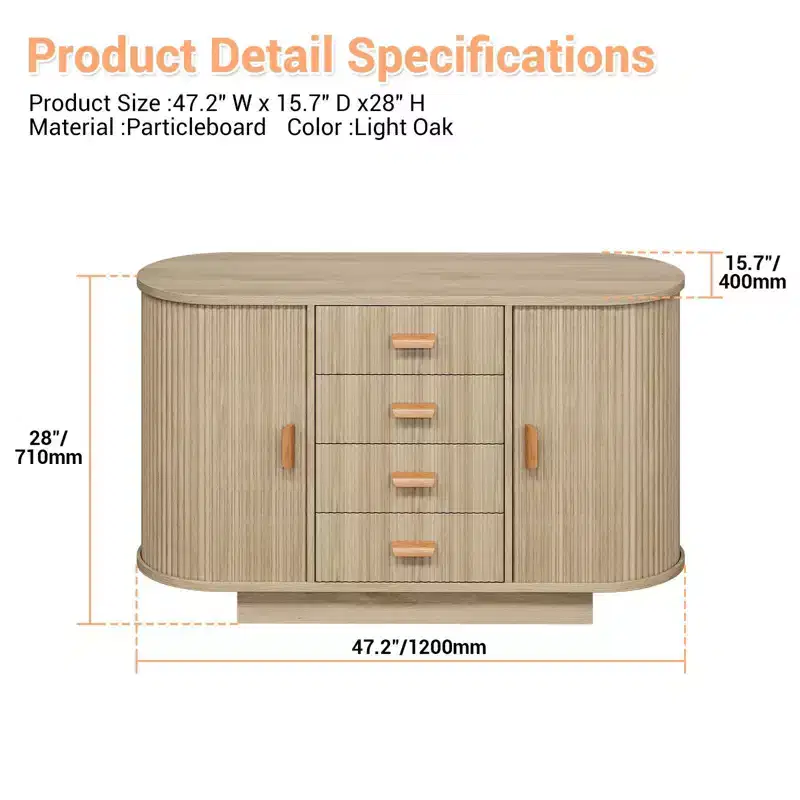 47 Sideboard Buffet Cabinet with Storage, Fluted Coffee Bar Cabinet with 4 Drawers and 2 Arched Sliding Doors, Modern Wood Storage Buffet Table