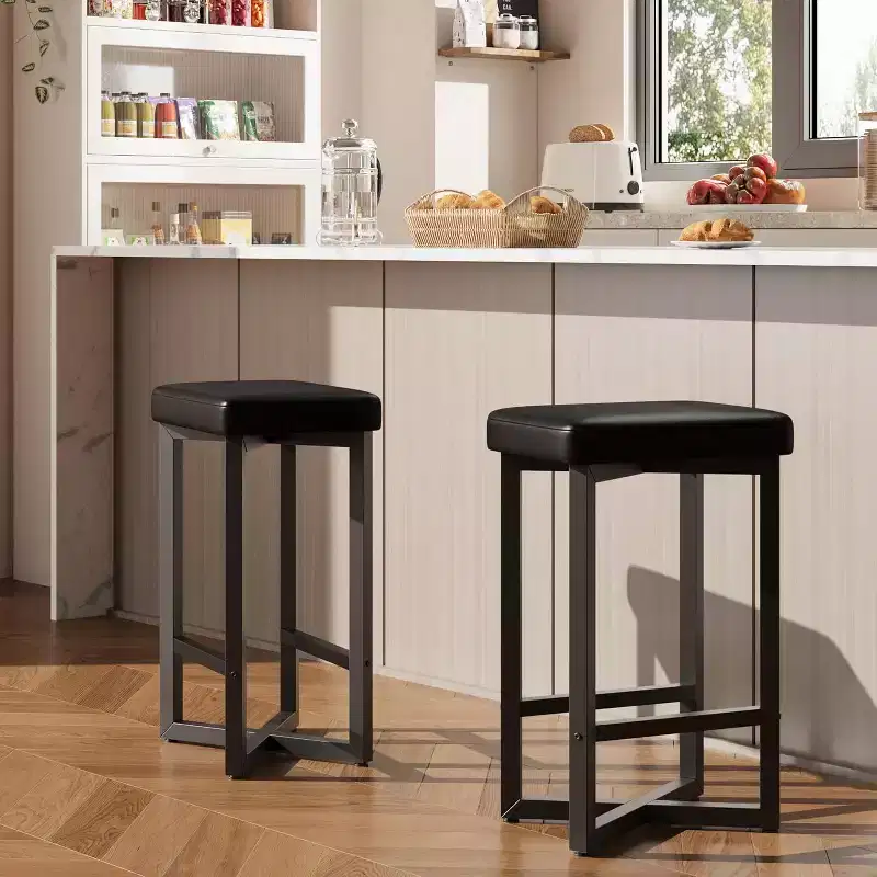 Modern Bar Stools Set of 2/ 4, 24.6 Counter Height Backless Barstools, Upholstered PU Leather Seats with Metal X-Frame & Footrest, for Home
