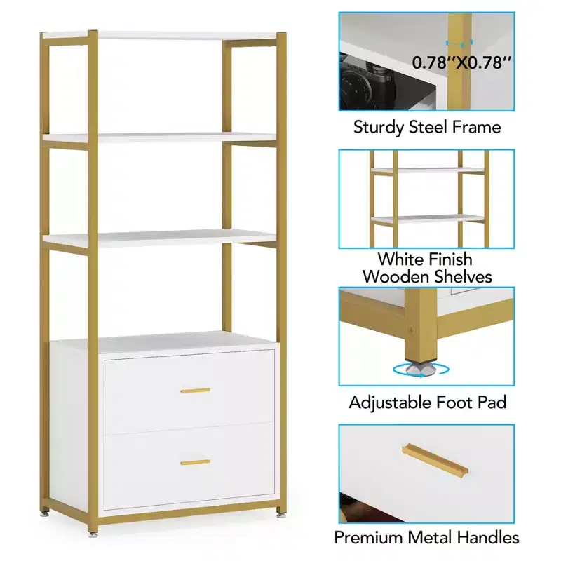 4-Tier Bookshelf with 2 Drawers – Metal Frame, Particle Board, 60
