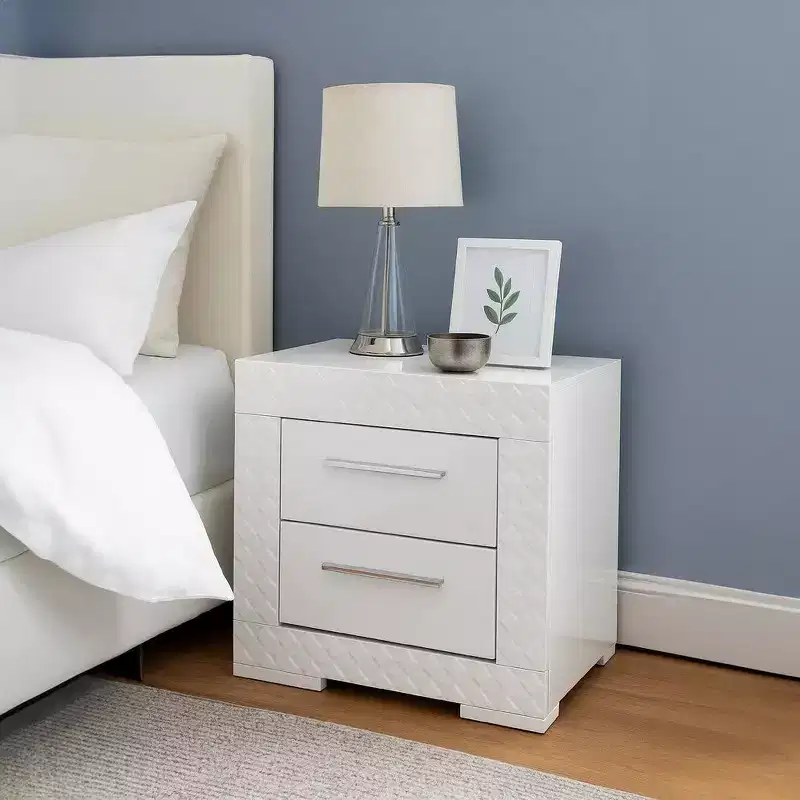 Royal Hampton 2 Drawer Nightstand, High Gloss White Textured Trim