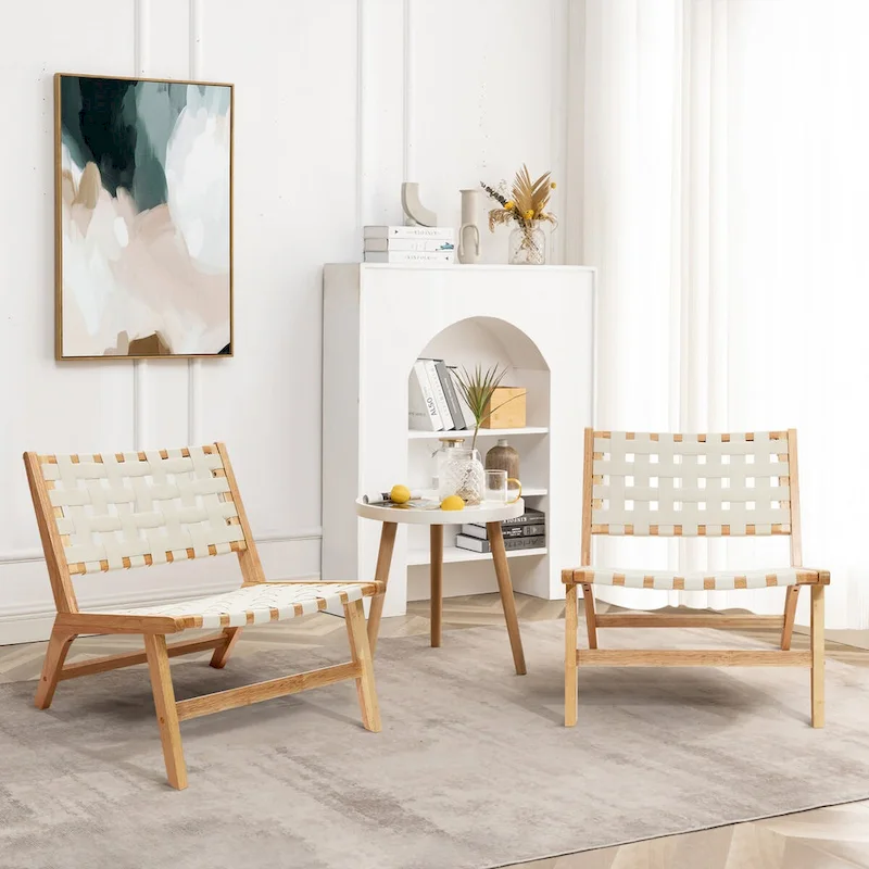 Natural Rubberwood with White PU Leather Low Profile Armless Accent Chair, Set of 2 - 28.5 H x 26.3 W x 26.5 D