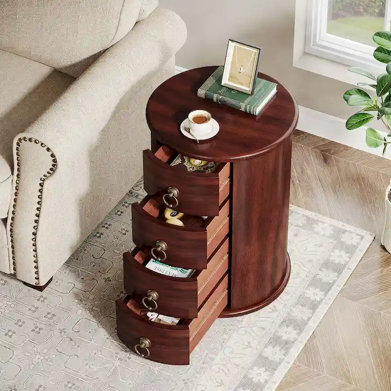 No Assembly Round Solid Wood End Table, Small Side Table with Drawers