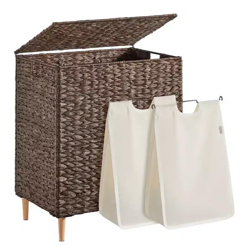 Laundry Hamper 2 Sections, 34.3 Gal. (130 L) Handwoven Water Hyacinth Wicker, with Lid, Removable Washable Liners, Handles