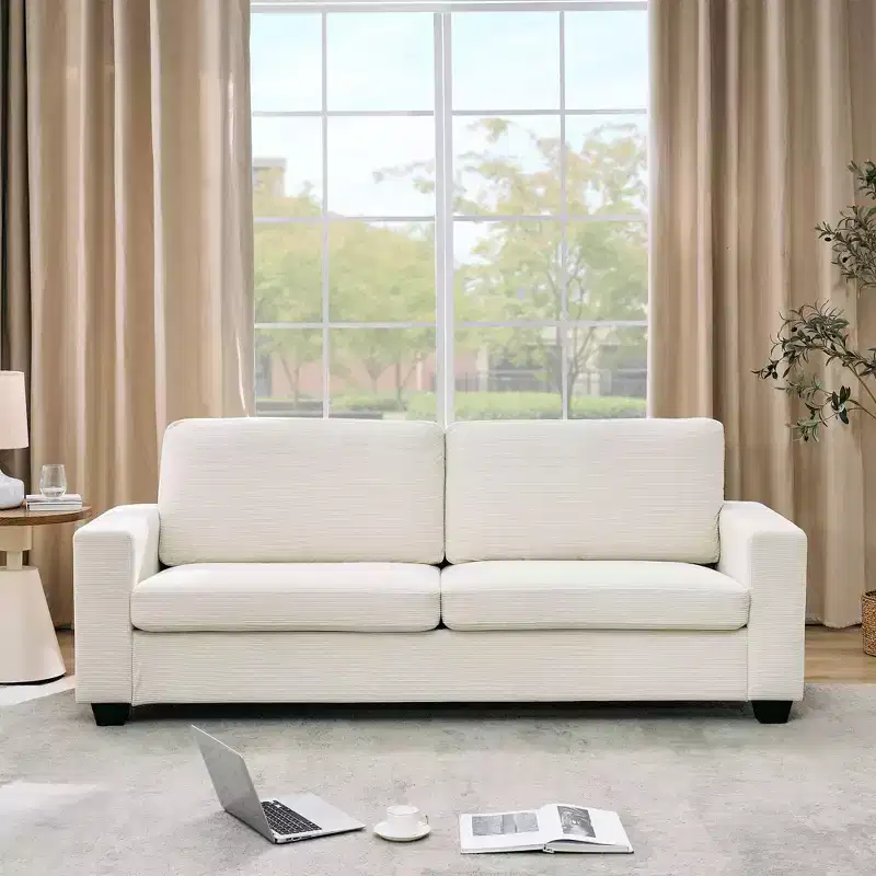 84 Corduroy Couch with Deep Seat, 3-Seater Couches, Modern Upholstered Sofa with Wide Armrests for Living Room, Beige