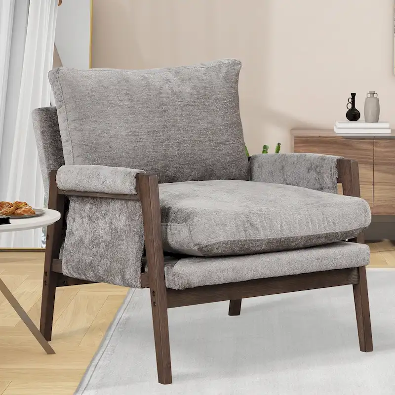 Mid-Century Velvet Solid Wood Accent Chair with Thick Seat Cushion