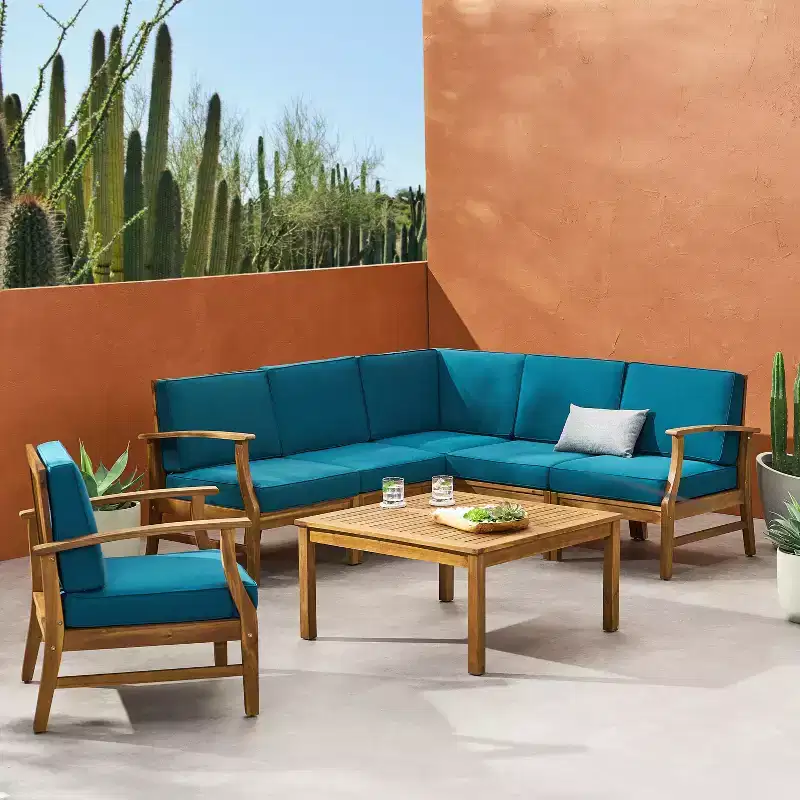 GDFStudio Abena Outdoor Acacia Wood 6 Seater Sectional Sofa and Club Chair Chat Set with Cushions