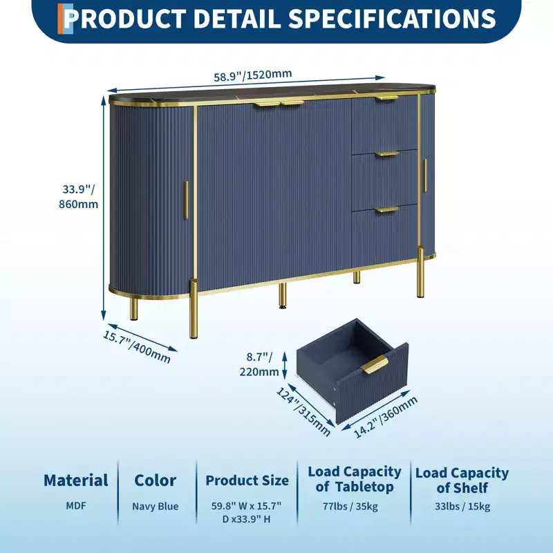 3 Drawers and Adjustable Shelves,Fluted Sideboard Buffet Cabinet, for Dining Living Room