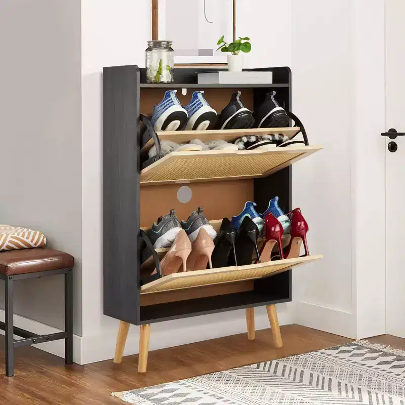 2-Layer Rattan Shoe Cabinet  Holds 12-18 Pairs for Entryway/Closet (Anti-Tip Design)