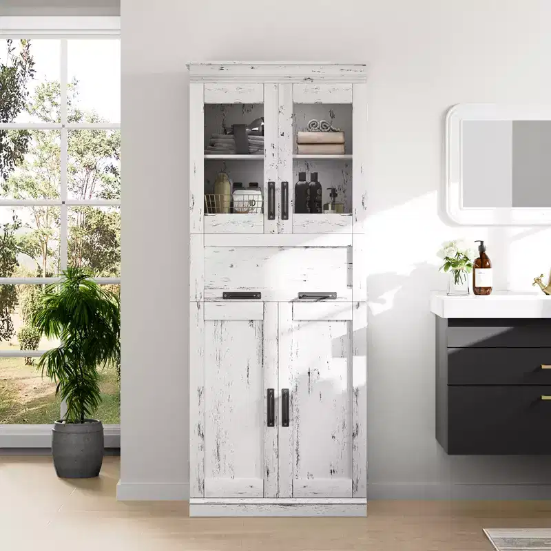 67 Tall Kitchen Pantry Cabinet, Freestanding Bathroom Cabinet, Wooden Cupboard with Drawer and Adjustable Shelves, Coffee Bar Floor Cabinet