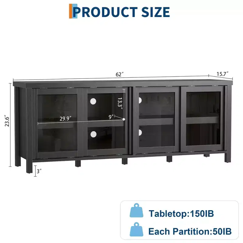 TV Stand for 65 Inch, Style Entertainment Center with Storage Cabinet and 4 Sliding Glass Doors, Modern TV Console Table for Living Room, Bedroom