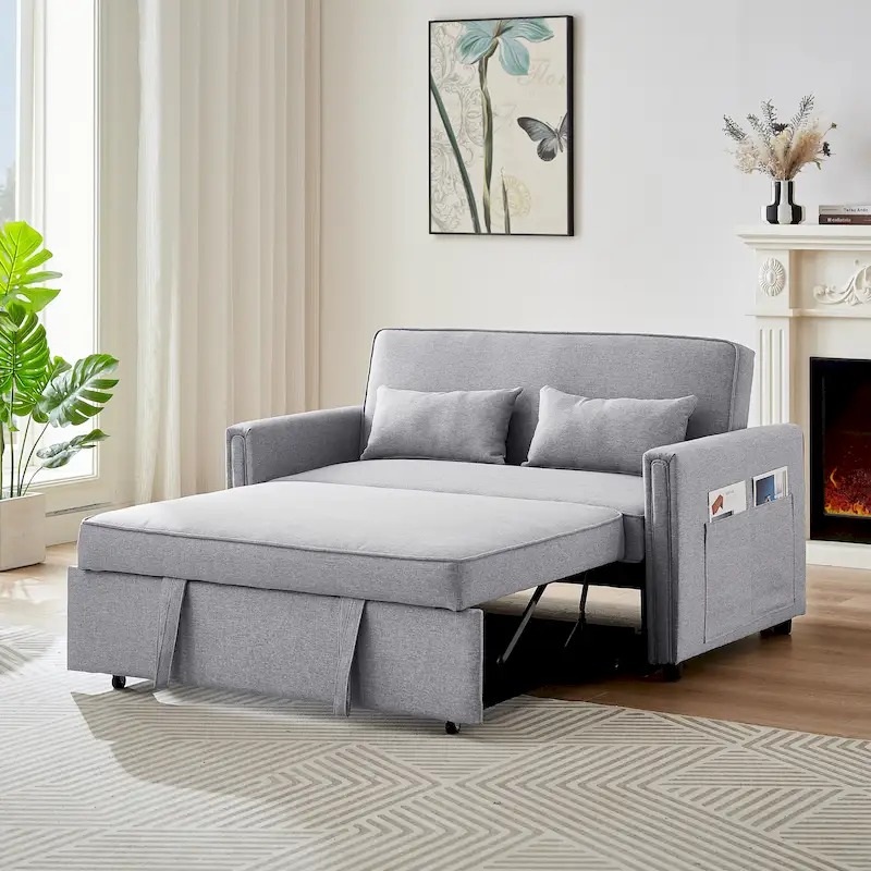 Modern Linen Convertible Loveseat Sleeper Sofa Couch with Adjustable Backrest, Pull-Out Bed and 2 Lumbar Pillows