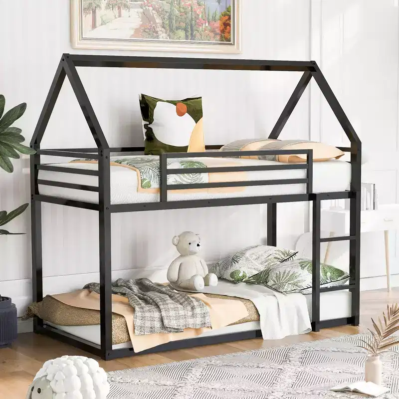 Metal Twin over Twin House-Shaped Bunk Bed with Built-in Ladder