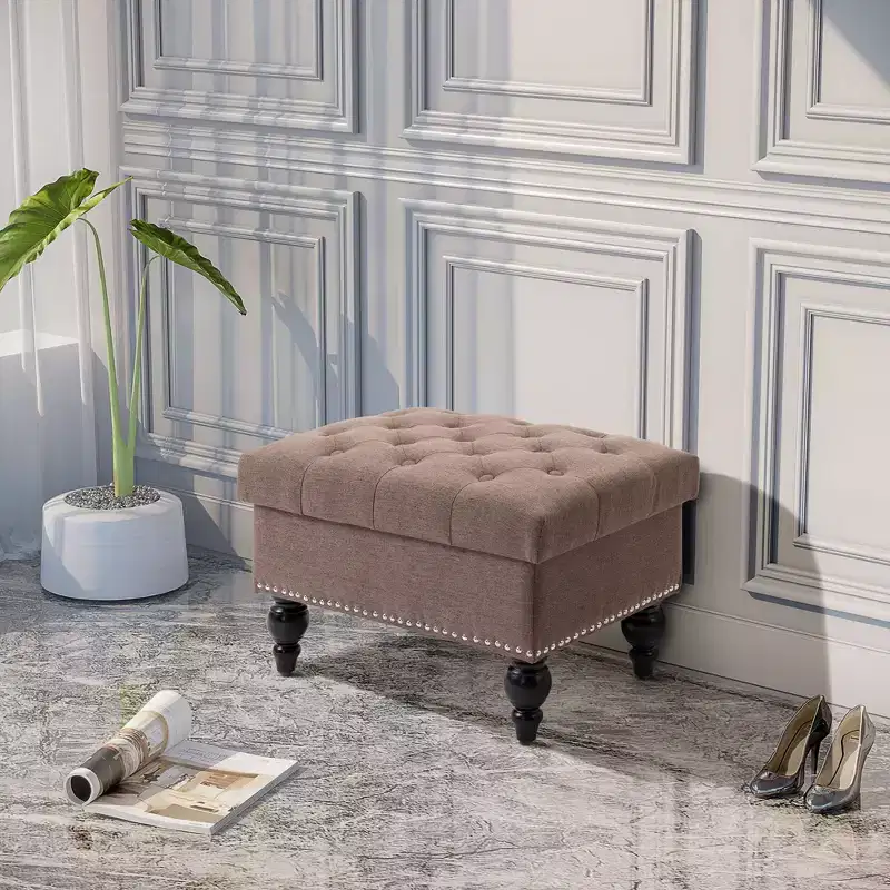 Ottoman with Storage for Living Room, 25 Storage Ottoman with Removable Lid, Button-Tufted Fabric Bench for Footrest and Seat with Wood Legs