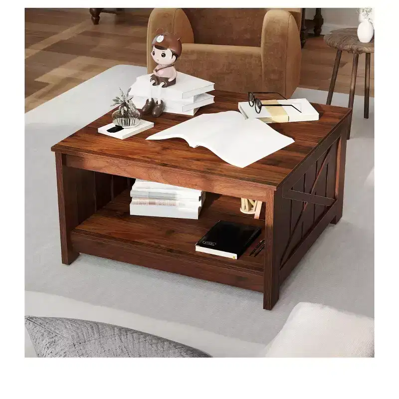 Farmhouse Square Coffee Table Cocktail Center Table with Bottom Shelf For Living Room Organizer Brown