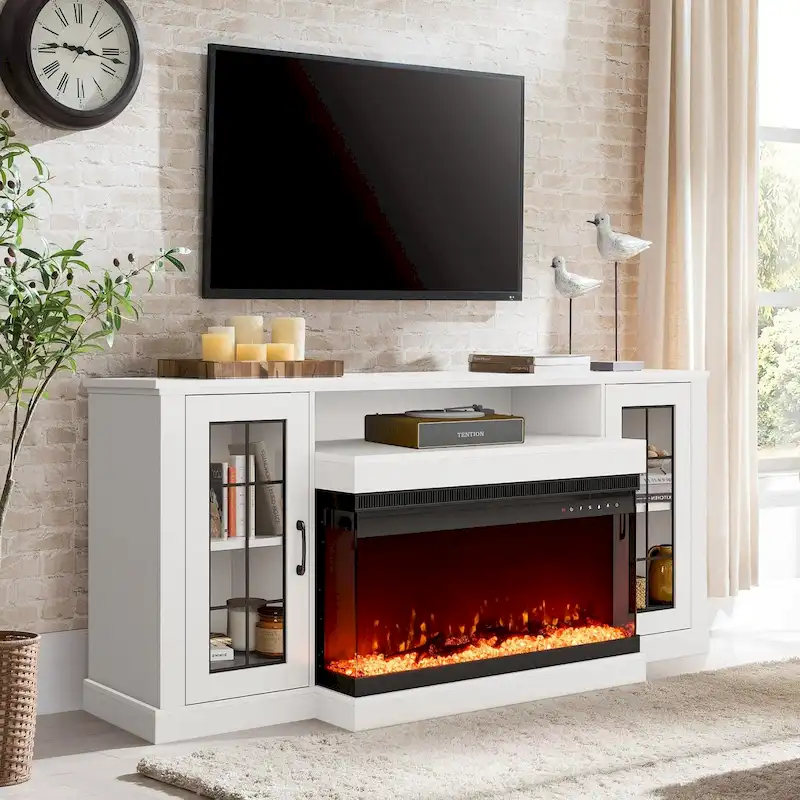 Adjustable Glass Shelves Entertainment Center with Electric Fireplace in Fireplace TV Stand