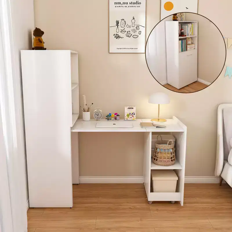 Extendable Desk with Storage Shelves & Casters, Foldable Design for Small Spaces & Offices (White)