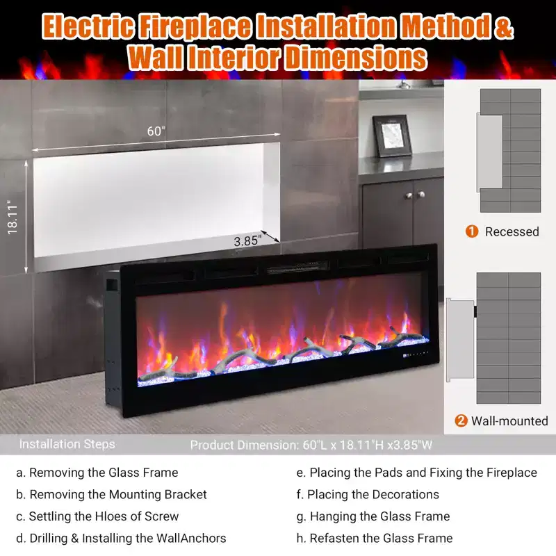 CuisinSmart 60in Electric Fireplace, In-Wall Recessed Fireplace Heater with Remote, 12 Flame Colors, 1500 W, 5,120 BTU, Touch Screen & App Control