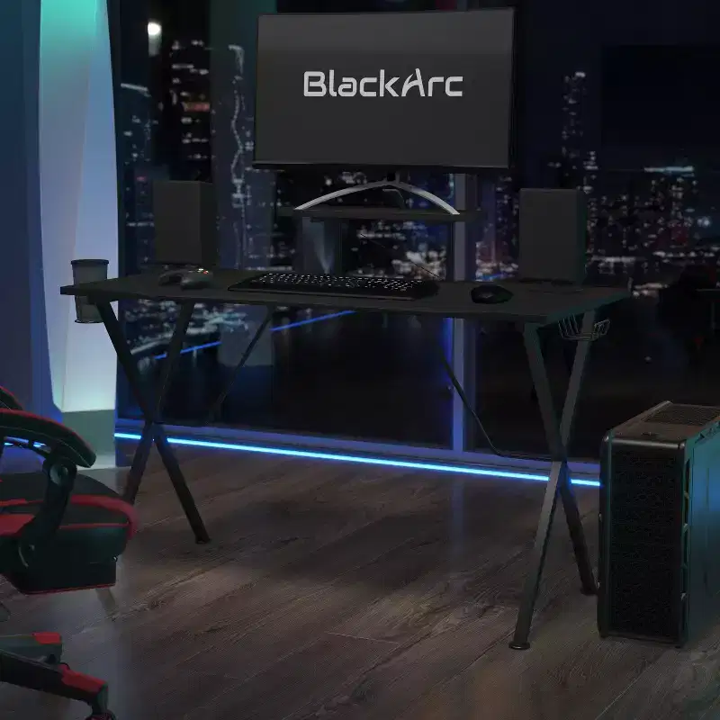 Gaming Desk with Laminate Top and Steel Frame - Detachable Cupholder, Headphone Hook & Smartphone/Monitor Stand