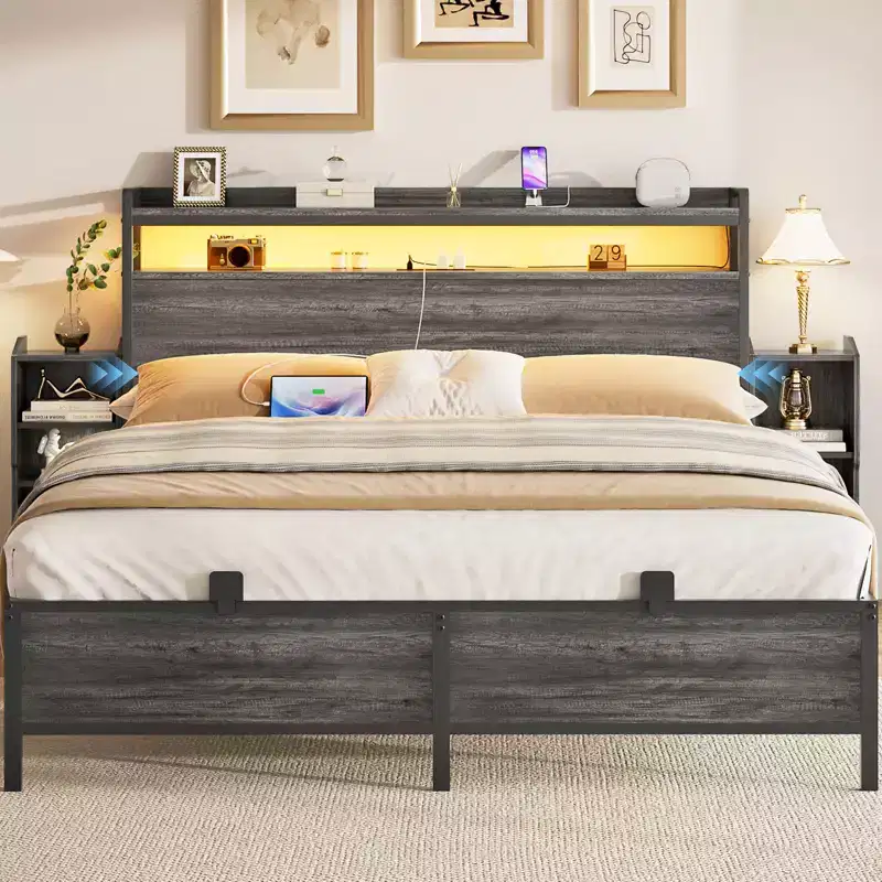 Besiost Full Bookcase Bed with Storage Slide Bedside Shelf and Charging Station & LED Light