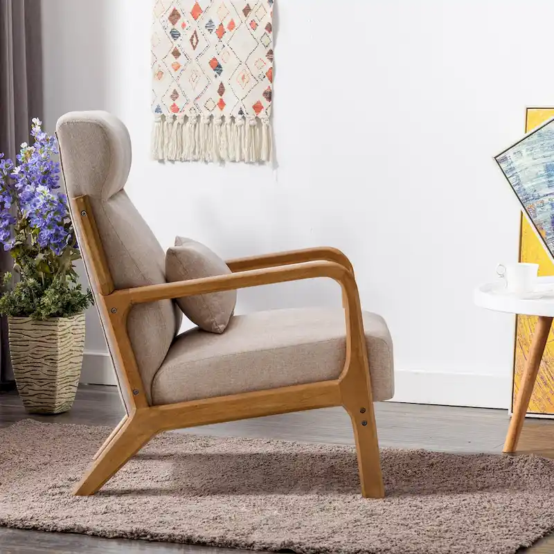 Upholstered Linen Blend Accent Chair with Wooden Legs and One Pillow