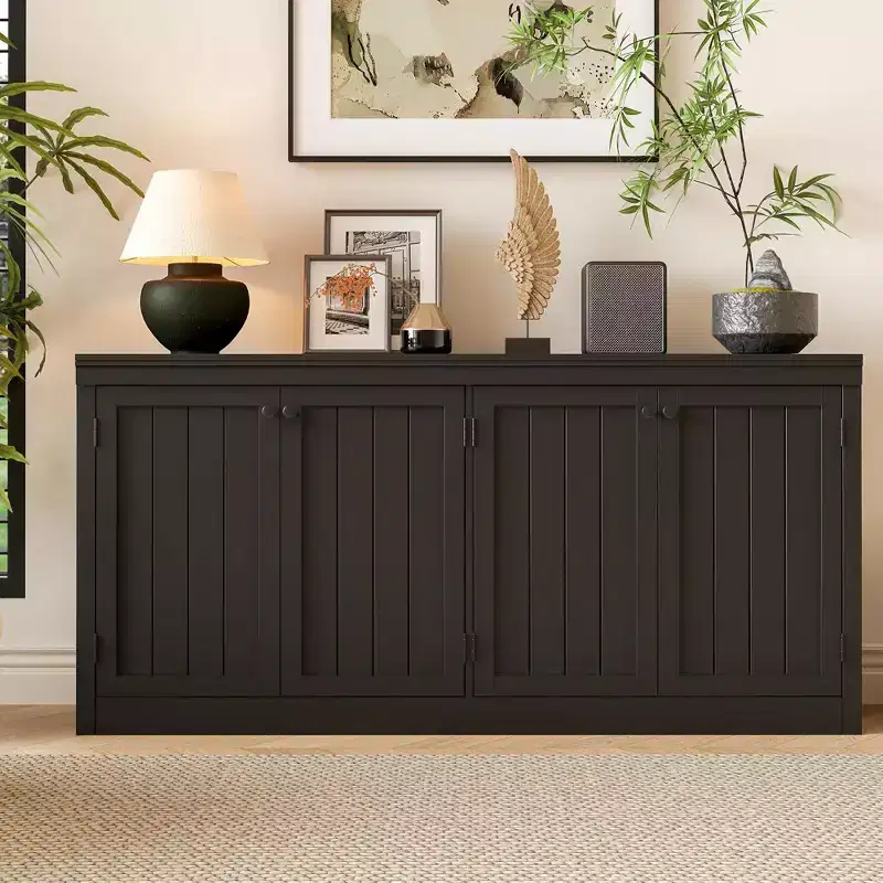63 Sideboard Buffet Cabinet, Entryway Coffee Bar Cabinet with 4 Doors, Modern Media Console Table, Wooden Floor Cupboard Cabinet for Living Room