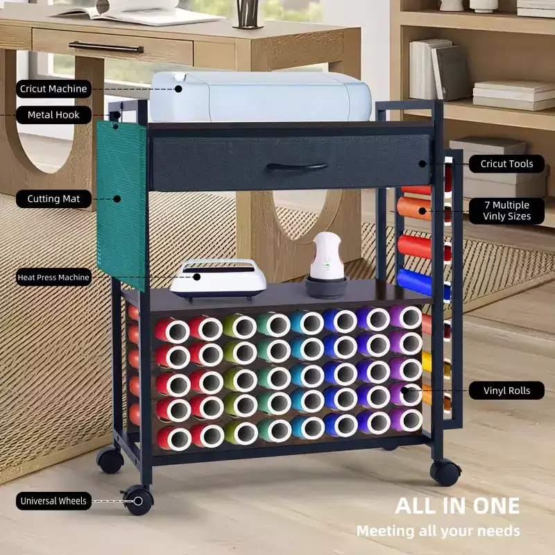 Craft Organization and Storage Cart Compatible with Cricut Machine, Rolling Craft Organizer with Fabric Drawer, Hook & 47 Vinyl Roll Holder