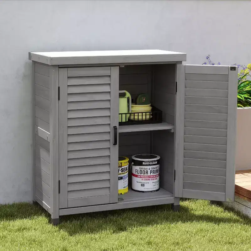 Okak Storage Cabinet with Potting Bench, Kitchen Cabinet with 2 Doors and 2 Shelves, Short Cabinet for Living Room, Dining Room, Kitchen
