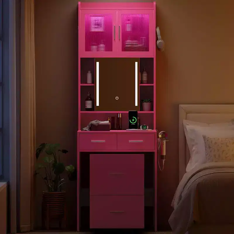 Pink Particle Board with Textured Melamine Finish, 3-Drawer 2-Door Dressing Table