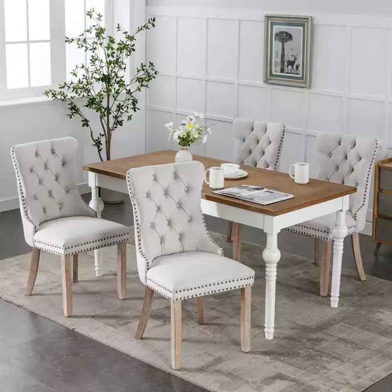 Okak Modern Flax Dining Chairs Set of 2, Comfy Fabric Chairs with High-end Tufted, Kitchen Side Chairs with Solid Wood Legs Nailhead Trim