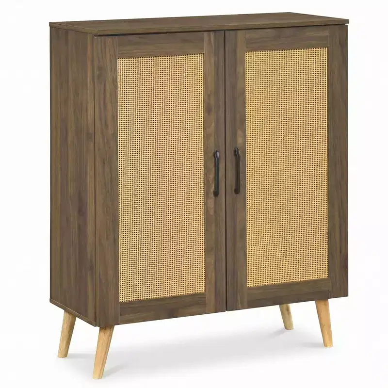 Costway Rattan Shoe Cabinet with 3 Removable Shelves,5-Tier Narrow Cabinet Wood Legs, Walnut/Natural