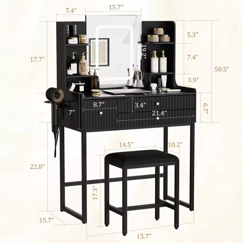 Fluted Vanity Desk with Mirror & Lights, Small Makeup Table with Power Outlet, 3 Drawers & 4 Shelves for Bedroom