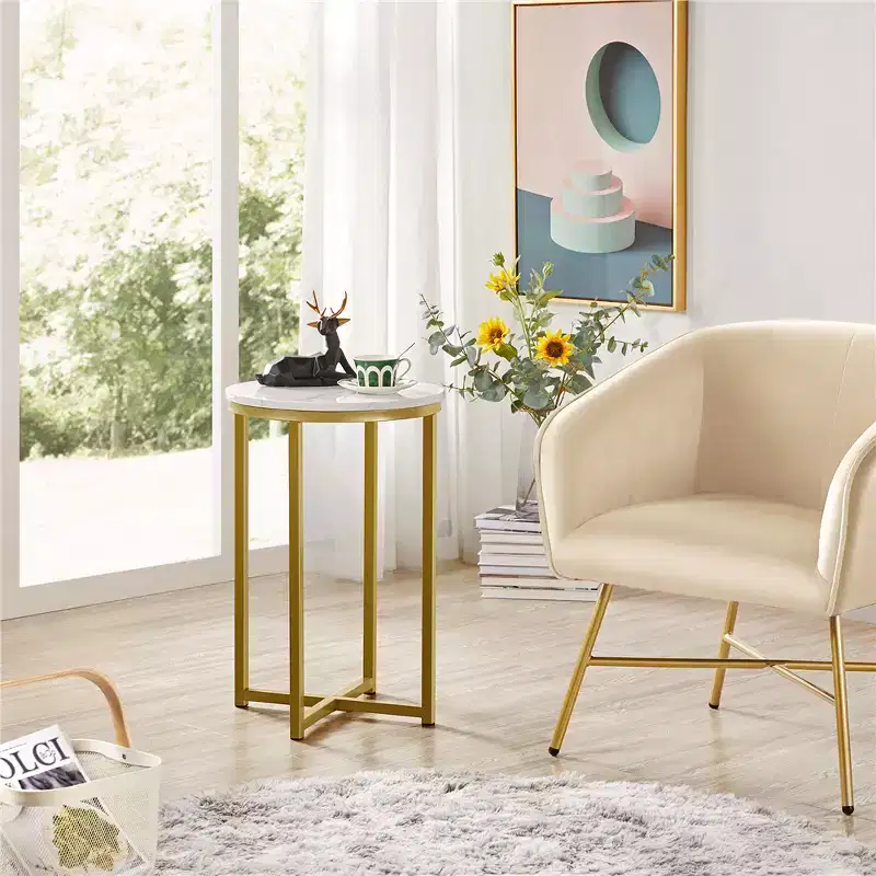 Modern X-Based Accent Table with Metal Legs Round Tabletop