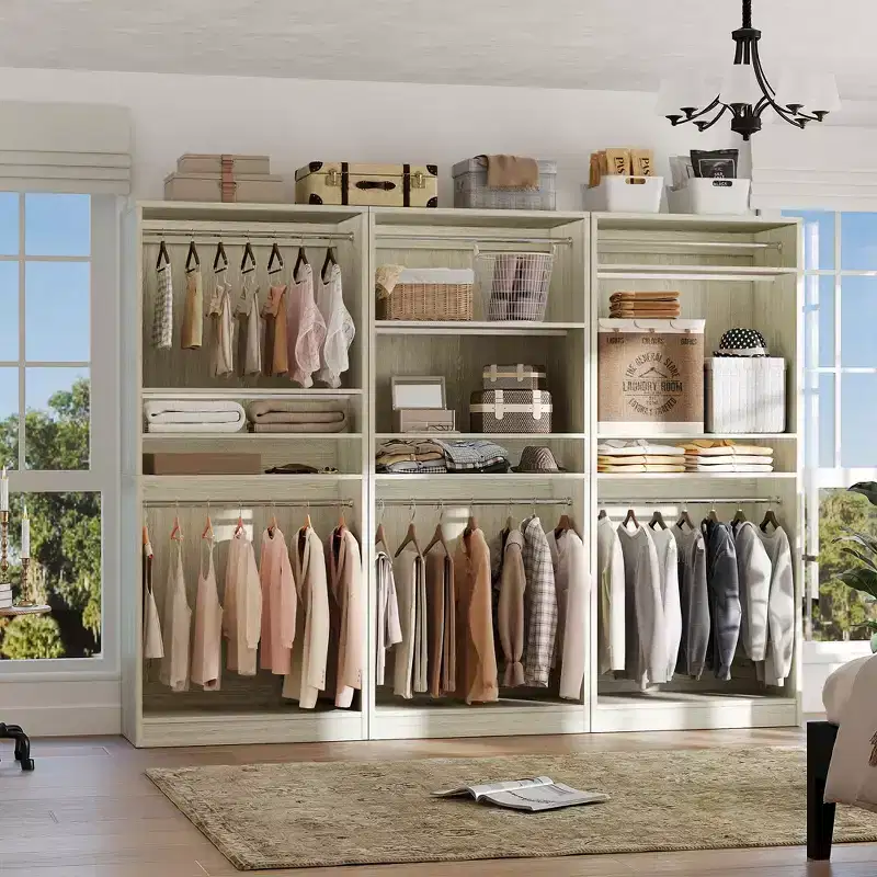 Besiost 36 Wooden Closet Organizer with Adjustable Shelves, Freestanding Wardrobe with Hanging Rails