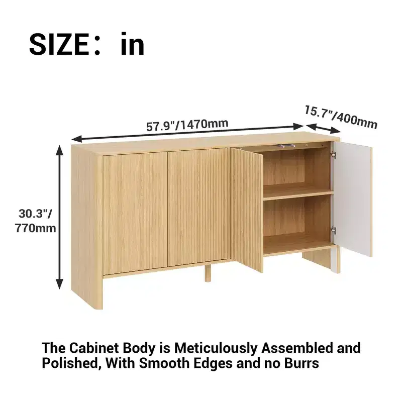 58 Fluted Sideboard Buffet Cabinet, Accent Coffee Bar Cabinet with Adjustable Shelves, Wood Credenza Buffet Cabinet, Entryway Console Table