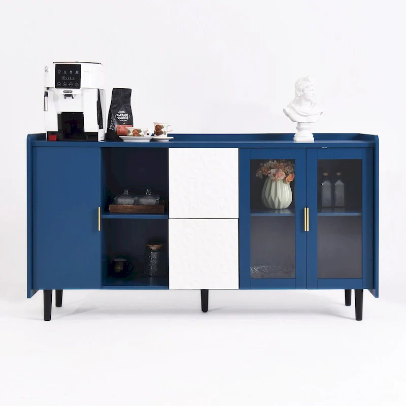 Kitchen Pantry Storage Cabinet, 55 Coffee Bar with 2 Drawers, 2 Open Storage Compartment & 2 Glass Doors, Wood Buffet Table