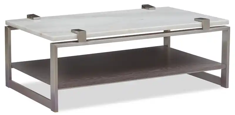 48 Modern Coffee Table with Shelf - White Marble Top with Brushed Platinum Frame