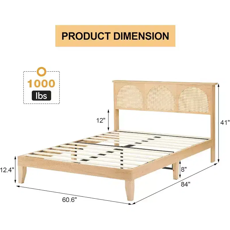 COZONY Boho Queen Bed Frame with Rattan Headboard & LED Lights, Wood Platform Bed