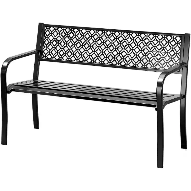 Outdoor Steel Bench Chair 2-Person with Geometric Backrest, 790 LBS Capacity Weather-Resistant Metal Garden Bench for Porch, Yard, Balcony & Entryway