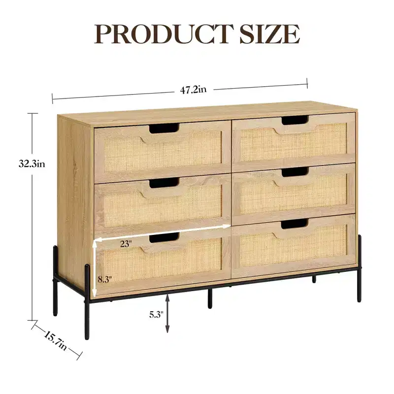 Natural Rattan 6 Drawer Dresser, Wooden Chest of Drawer, Farmhouse Storage Cabinet with Metal Legs, Modern Dresser