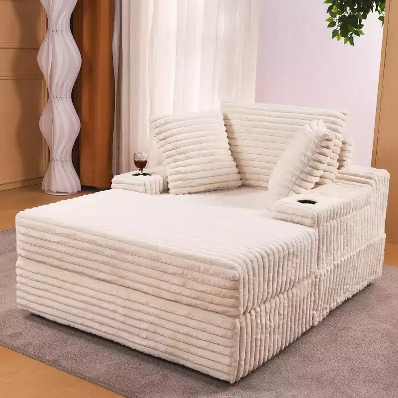 Chaise Lounge Chair Indoor with Storage Ottoman, Upholstered Corduroy Sofa Bed Cloud Couch with 3 Pillows for Living Room, Bedroom (Beige)