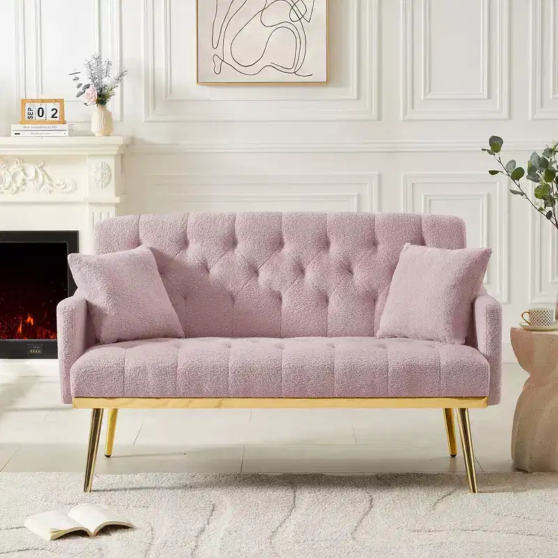Upholstered Loveseat Couch With 2 Pillows Metal Legs Foam Couch Sleeper Sofa For Guest Room Office Living Room, Pink Teddy Fabric