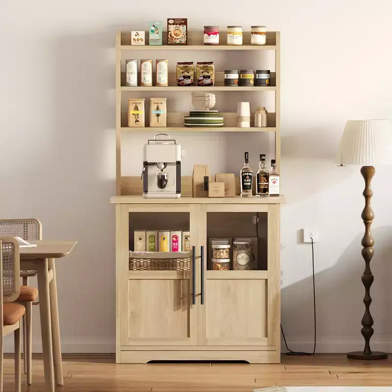 6-Tier Farmhouse Baker's Rack with Glass Door  63 In Kitchen Pantry Hutch, Thick Countertop, Microwave Stand, Coffee Bar Organizer for Dining Room
