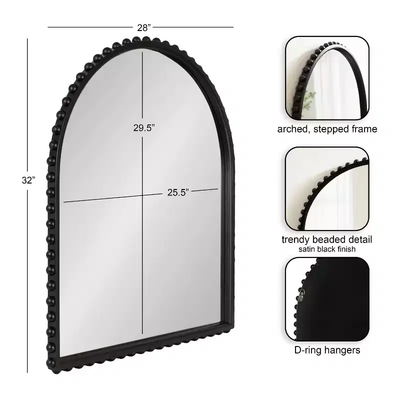 Kate and Laurel Beadbrook Arched Wall Mirror, Black, 28x32