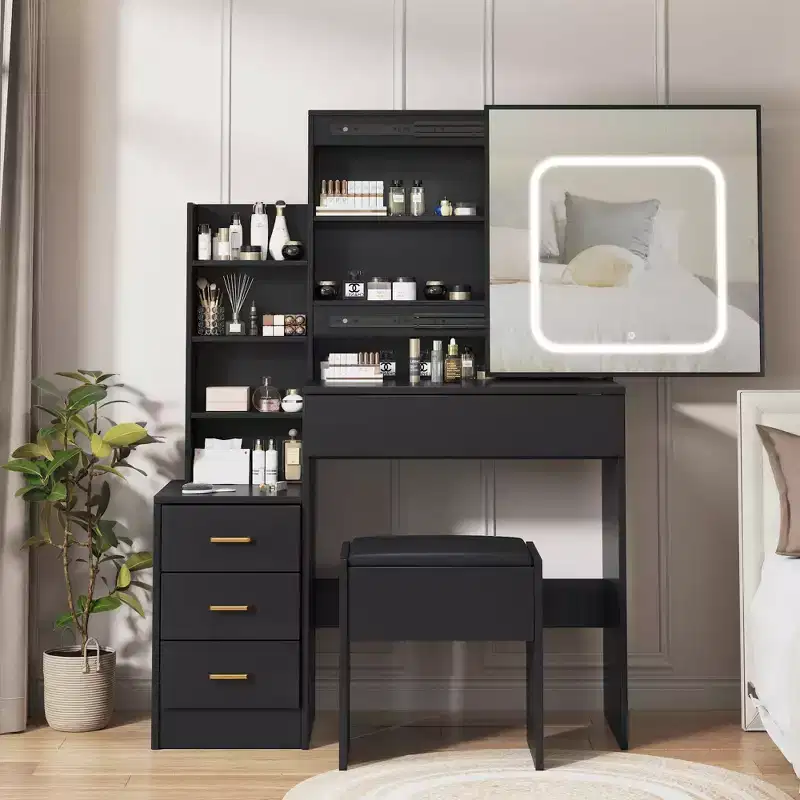 GustoWave Vanity Desk with LED Lights, Makeup Vanity Desk with Sliding Lighted Mirror, Charging Station, Dressing Table