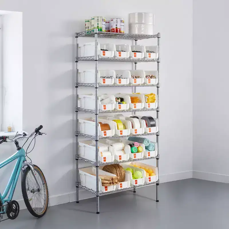 VEVOR 7-Tier Rolling Bin Storage Rack, 24 Small Bins, Bin Rack Storage Steel Wire Shelving System with Wheels, Mobile Tool Organizer, Silver+White