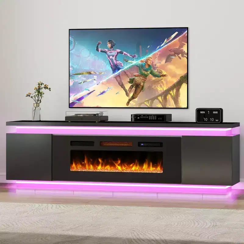 Skyzoo Electric Fireplace TV Stand for TVs up to 80 with LED Lights & 4 AC Power Outlets, TV console for Living Room