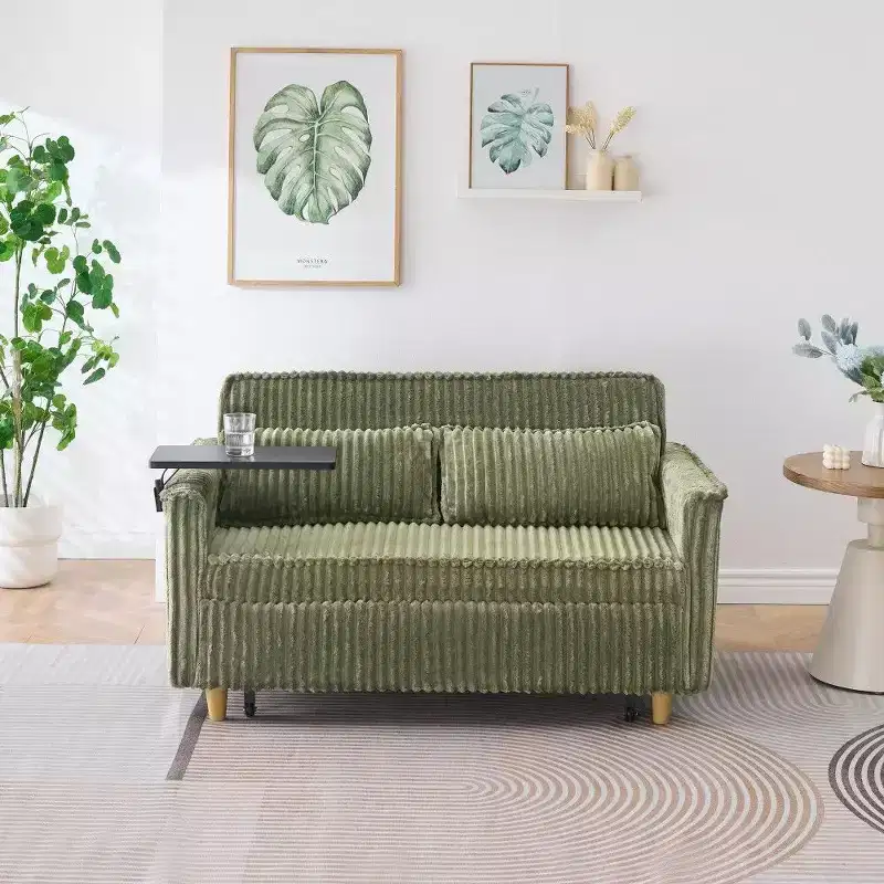 Wood & Corduroy Convertible Sofa Bed with Movable Tabletop & USB Port 54.13''W x 29.92''H