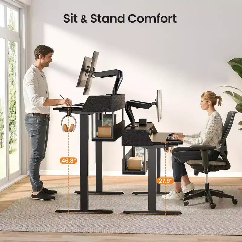 55x28 In Electric Standing Desk, Adjustable Sit Stand Desk with Bookshelf Monitor Stand, Stand Up Desk for Home Office with LED Light Strip