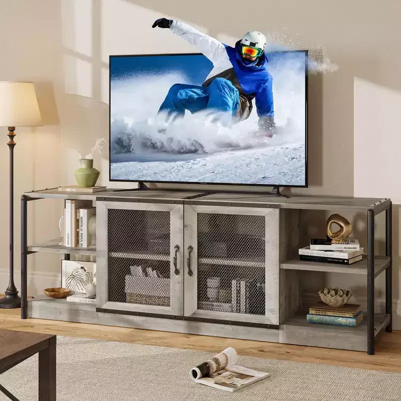 Farmhouse TV Stand for 65/75 Inch TV, Industrial Entertainment Center with Storage Cabinet & Mesh Doors, Grey