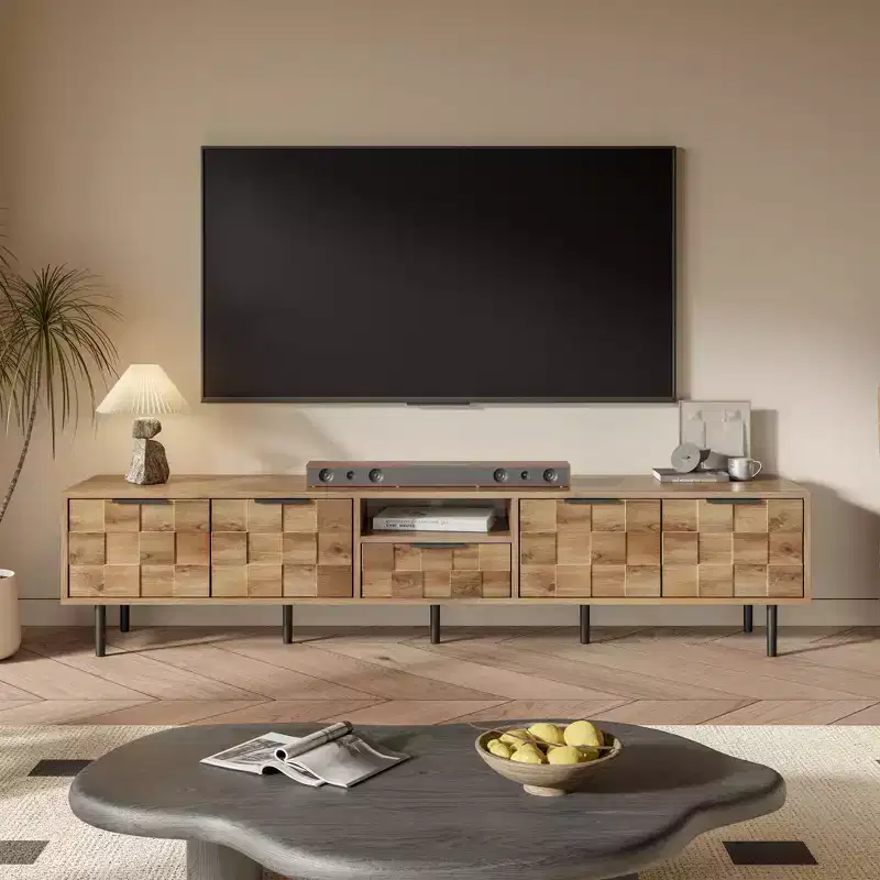 Farmhouse TV Stand with Drawers for 75-Inch TVs, Wood Storage Cabinet with Doors and Solid Wood Legs for Living Room, Natural